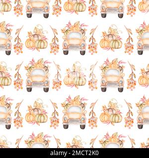 HerbstPumpkin Truck Nahtloses Muster, Watercolor Thanksgiving Day Papier, Retro Transport, Car Print, Vintage Herbstdesign, Blumenmuster wiederholen sich Stockfoto