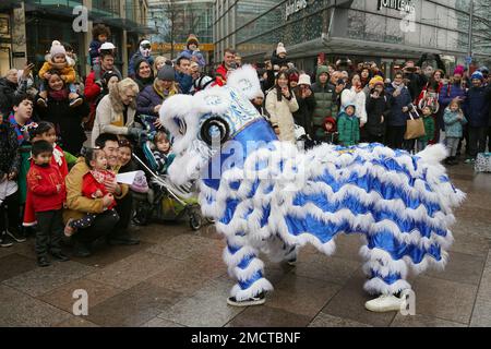 Cardiff, Großbritannien. 21. Januar 2023 Traditioneller chinesischer Löwentanz zum chinesischen Neujahrsfest und Laternen Festival Celebrations in Cardiff Library, 21.01.23, Credit Penallta Photographics / Alamy Live Stockfoto