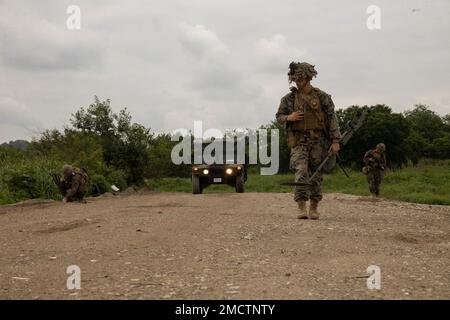 USA Marines mit Alpha Company, 9. Technisches Stützbataillon, 3. Marine Logistics Group, Suche nach simulierten unkonventionellen Sprengkörpern im Dagmar North Training Area, Republik Korea, 9. Juli 2022. Marines mit 9. ESB nehmen an einer groß angelegten Feldschulung Teil, bei der es darum geht, die integrierten Fähigkeiten gemeinsamer und alliierter Partner zu nutzen, um das Bewusstsein für alle Bereiche, das Manöver und Brände in einer verteilten Berglandschaft zu stärken. Stockfoto