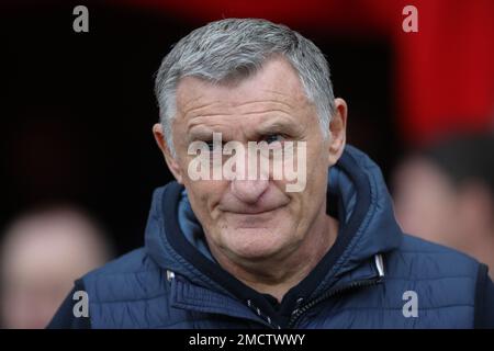 Sunderland, Großbritannien. 22. Januar 2023. Tony Mowbray Manager von Sunderland während des Sky Bet Championship-Spiels Sunderland gegen Middlesbrough im Stadium of Light, Sunderland, Großbritannien, 22. Januar 2023 (Foto von James Heaton/News Images) in Sunderland, Großbritannien, am 1./22. Januar 2023. (Foto: James Heaton/News Images/Sipa USA) Guthaben: SIPA USA/Alamy Live News Stockfoto