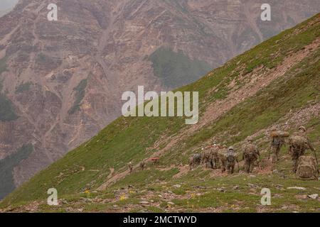 11. Soldaten der Airborne Division beginnen zusammen mit Mountaineering-Ausbildern vom Northern Warfare Training Center den Abstieg um 5000ft Uhr von „Grassy Knoll“ während des Basic and Advanced Military Mountaineering Kurses am Black Rapids Training Site, 9. Juli. Der Zweck des 14-tägigen Kurses besteht darin, Soldaten darin zu trainieren, wie man sich durch bergiges Gelände manövriert, und dann zurück zu ihren Einheiten zu gehen und den Einheiten Soldaten zur Verfügung zu stellen, die in der Lage sind, das bergige Gelände von Alaska zu überqueren. (Foto von Staff Sgt. Christopher Dennis/11. Airborne Division Public Affairs NCO) Stockfoto