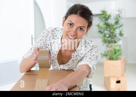 Porträt einer Frau zu Hause, Versiegelungskiste für den Versand Stockfoto