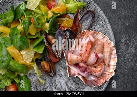 Meeresfrüchte-Cocktail auf einem Teller mit Kräutern und Tomaten, auf grauem Beton Stockfoto