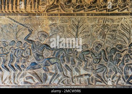 Bas Relief of the Judgment of the Death von Yama, South Gallery, Angkor Wat Stockfoto
