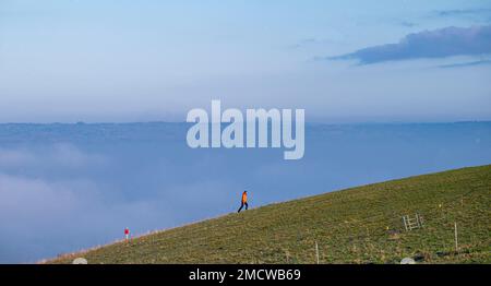 Brighton UK 22. Januar 2023 - Ein Wanderer genießt einen wunderschönen sonnigen, aber kalten Morgen mit nebligen Aussichten von Devils Dyke entlang der South Downs Way in der Nähe von Brighton : Credit Simon Dack / Alamy Live News Stockfoto