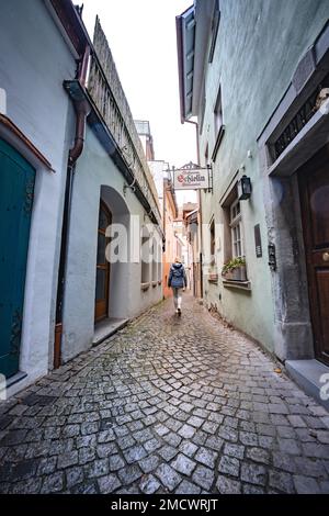 Enge Gasse an einem düsteren Tag mit einer Frau in der Mitte des Weges, Lindau Island, Bodensee, Deutschland Stockfoto