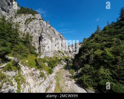 Zerklüftete felsige Berglandschaft im Sommer mit einem kleinen Fluss. Aufgenommen in der Oetschergraeben in Niederösterreich Stockfoto