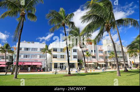 Morgenstimmung am Ocean Drive, Art déco Historic District in Miami Beach Stockfoto