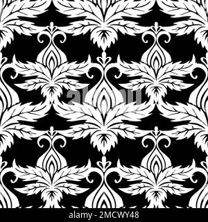 Nahtloses symmetrisches Muster abstrakter weißer Pflanzenelemente auf schwarzem Hintergrund, Textur, Design Stockfoto