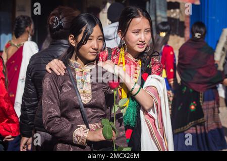 Kathmandu, Nepal. 22. Januar 2023. Tamang-Mädchen in traditioneller Kleidung werden während einer Sonam Lhosar-Feier am 22. Januar 2023 in Kathmandu, Nepal, gesehen. Sonam Lhosar wird von der Tamang-Gemeinschaft, einer ethnischen indigenen Gruppe, die in Nepal lebt, als Mondneujahr beobachtet. Kredit: Hari Maharjan/Xinhua/Alamy Live News Stockfoto