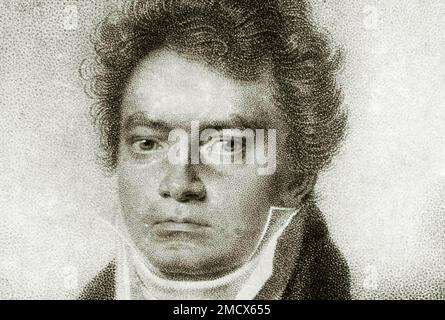 LUDWIG van BEETHOVEN (1770-1827) deutscher Komponist in einer Gravur von Blasius Hoefel aus dem Jahr 1814 Stockfoto