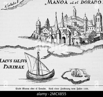 El Dorado, Manoa, Gold, Legende, Traum, Mythos, Abenteuer, Reichtum, spanische Eroberer, Expeditionen, 16. Jahrhundert, Stadt, Stadtmauer, Stadttor, Turm Stockfoto