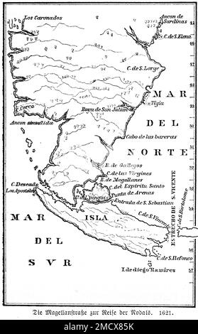 Karte, 1. Century, Strait of Magellan, Punta Arenas, Atlantik, Pazifik, Latein, Tierra del Fuego, Schiffsfahrt, historische Illustration Stockfoto