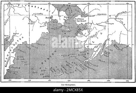 Historische Karte 1885, Russland, Alaska, Kamtschatka, Beringmeer, Beringmeer, Aleuten-Inseln, Gradmesser, Polarkreis, nördliche Wasserstraßen Stockfoto