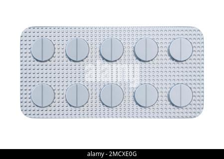 Tablette in Blisterpackung auf weißem Hintergrund. Isolierte 3D-Abbildung Stockfoto