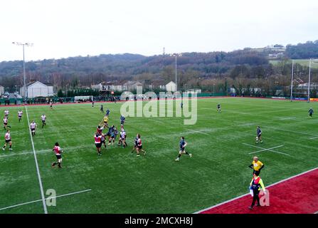 Ein allgemeiner Überblick über das Spiel während des EPCR Challenge Cup-Spiels im CCB Centre for Sporting Excellence, Ystrad Mynach. Foto: Sonntag, 22. Januar 2023. Stockfoto