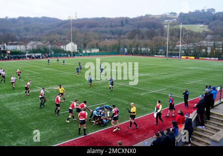 Ein allgemeiner Überblick über das Spiel während des EPCR Challenge Cup-Spiels im CCB Centre for Sporting Excellence, Ystrad Mynach. Foto: Sonntag, 22. Januar 2023. Stockfoto