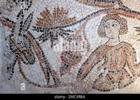 Burg Ajloun, Jordanien - Byzantinisches Mosaik von Frau und Esel Stockfoto