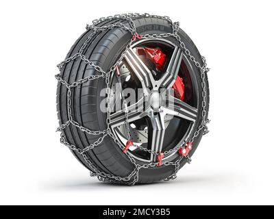 Autorad mit Winterreifen und Schneekette isoliert auf weißem Hintergrund. 3D Abbildung Stockfoto