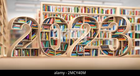 Neujahrsbildungskonzept 2023. Bücherregale mit Büchern in Form von Text 2023 in der Bibliothek. 3D Abbildung Stockfoto