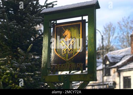 Prestbury-Dorfschild, Cheshire Stockfoto
