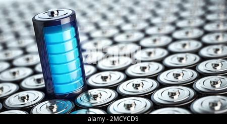 Batteriekapazität, umweltfreundliche Energie, umweltfreundliche und nachhaltige Energiekonzepte. 3D Abbildung Stockfoto