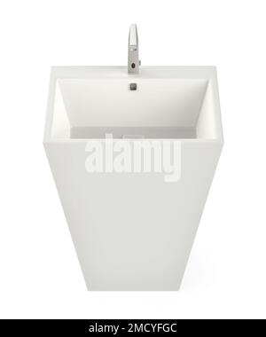 Bodenmontiertes Waschbecken mit Sensorhahn auf weißem Hintergrund, Vorderansicht Stockfoto