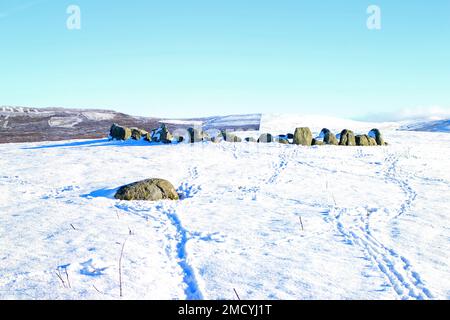Moel Ty Uchaf Steinkreis im Winter, Llandrillo Stockfoto