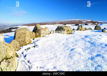 Moel Ty Uchaf Steinkreis im Winter, Llandrillo Stockfoto