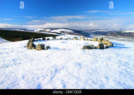 Moel Ty Uchaf Steinkreis im Winter, Llandrillo Stockfoto