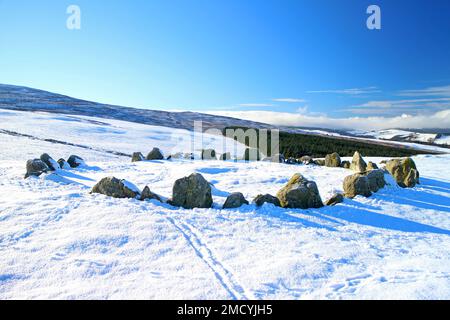 Moel Ty Uchaf Steinkreis im Winter, Llandrillo Stockfoto