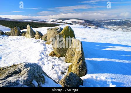 Moel Ty Uchaf Steinkreis im Winter, Llandrillo Stockfoto