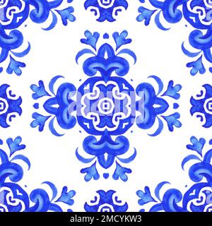 Wunderschöne, nahtlose Fliesen mit blauen Aquarellmustern. Kobaltblaues Asulejo portugiesisches dekoratives Wanddesign Stockfoto