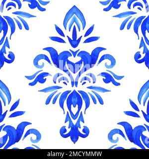 Abstraktes Kobaltblau und Weiß handgezeichnete Damastblütenfliese nahtlose Ziermuster in Aquarellfarbe. Dekorationselement im Asulejo-Stil. Elegantes Stockfoto