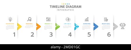 Infografik-Vorlage für Unternehmen. 6 Schritte modernes Zeitleistendiagramm mit Pfeil und Thema, Präsentationsvektor-Infografik Zeitleiste. Stock Vektor