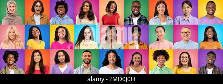 Verschiedene Glückliche Männer Und Frauen Unterschiedlicher Ethnizität, Die Auf Bunten Hintergründen Posieren Stockfoto