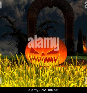 Halloween-Kürbis-Lächeln und gruselige Augen bei Nacht. Nahaufnahme des unheimlichen Halloween-Kürbis. 3D-Rendering. Stockfoto