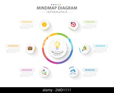 Infografik-Vorlage für Unternehmen. 6 Schritte modernes Mindmap-Diagramm mit Kreisen und Thementiteln, Präsentationsvektor-Infografik. Stock Vektor