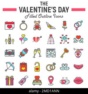 Happy Valentines Day ausgefüllter Umriss Symbolsatz, Sammlung von Feiertagssymbolen, Vektorskizzen, Logo Illustrationen, Hochzeitsschilder farbenfrohe Linien Piktogramme Paket isoliert auf weißem Hintergrund, eps 10. Stock Vektor