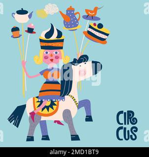 Poster für ein Café, in dem eine Frau jongliert, die auf einem Zirkuspferd reitet. Frau akrobat jongliert mit Teller, Kuchen Stock Vektor
