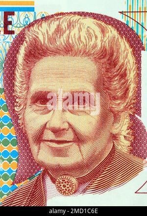 Maria Montessori, italienische Pädagogin, porträtiert auf einer alten Tausend-Lire-Banknote von der Bank von Italien Stockfoto