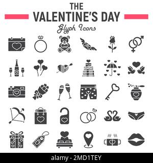 Happy Valentines Day Glyphe Icon Set, Urlaubssymbole Sammlung, Vektorskizzen, Logo Illustrationen, Hochzeitsschilder solide Piktogramm Paket isoliert auf weißem Hintergrund, eps 10. Stock Vektor