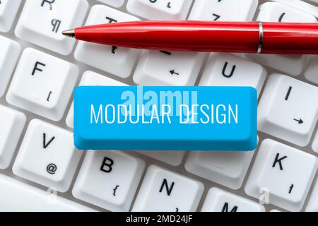 Inspiration mit dem Schild „Modulares Design“. Wort für Produktkonstruktion zur Herstellung eines Produkts durch Integration oder Kombination unabhängiger Teile Stockfoto