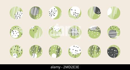 Trendige Social-Media-Rundumansicht, Geschichten und Beiträge aus sozialen Netzwerken, mobile Apps, Design. Vorlagensymbole. Satz von verschiedenen Vektordeckeln für Hervorhebungen Stock Vektor