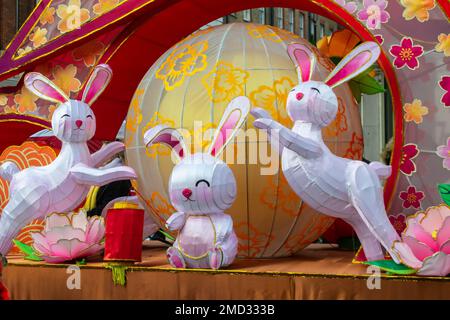 Chinatown, London, England. 22. Januar 2023. Hasenschwimmer am chinesischen Neujahrsfest in Chinatown. Kredit: Jessica Girvan/Alamy Live News Stockfoto