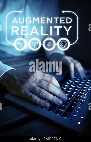 Schild mit Augmented Reality. Business Showcase-Technologie, die Computerbilder in der realen Welt aufzwingt Stockfoto