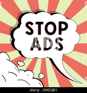 Handgeschriebener Text Stop Ads. Business Approach-Programm, das verschiedene Arten von Werbung aus dem Web entfernt Stockfoto