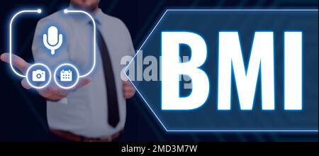 Text mit Inspirations-BMI. Geschäftskonzept Methode zur Schätzung des Körperfettgehalts auf Gewichts- und Grössenbasis Stockfoto