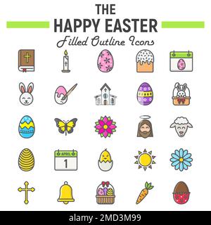 Happy Easter Filled Symbolset, Sammlung von Feiertagssymbolen, Vektorskizzen, Logo Illustrationen, Festzeichen farbenfrohe Linienpiktogramme Paket isoliert auf weißem Hintergrund, 10. Stock Vektor