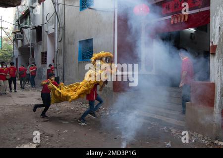 Kalkutta, Westbengalen, Indien. 22. Januar 2023. Die chinesische Gemeinde in Kalkutta ist bereit, das chinesische Neujahr zu feiern. Die Menschen der chinesischen Gemeinschaft, die in Kalkutta leben, bereiten sich darauf vor, ihr neues Jahr einzuläuten, das ab heute, also ab dem 22. Januar, begonnen hat. Sie markiert den Beginn des Frühlings und den Beginn eines neuen Jahres, laut dem chinesischen Mondkalender. Chinesische Künstler führen Drachentanz auf, um das chinesische Neujahr in Kalkutta zu feiern. (Kreditbild: © Saurabh Sirohiya/ZUMA Press Wire) NUR REDAKTIONELLE VERWENDUNG! Nicht für den kommerziellen GEBRAUCH! Stockfoto